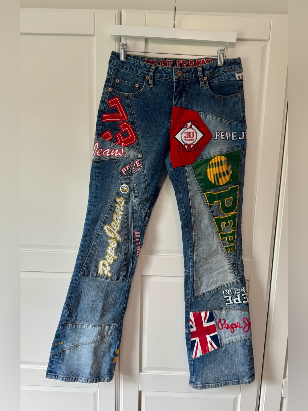 Vintage Pepe Jeans London Patchwork Embroidered Blue Denim Bootcut Jeans Y2K 29